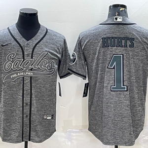 Men's Philadelphia Eagles #1 Hurts Gray With Patch Baseball Jersey