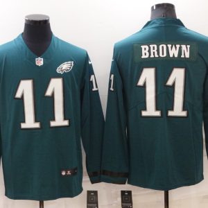 Men's Philadelphia Eagles #11 A. J. Brown Green Therma Long Sleeve Jersey