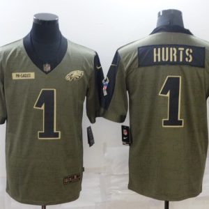 Men's Philadelphia Eagles #1 Hurts 2021 Olive Salute To Service Limited Jersey