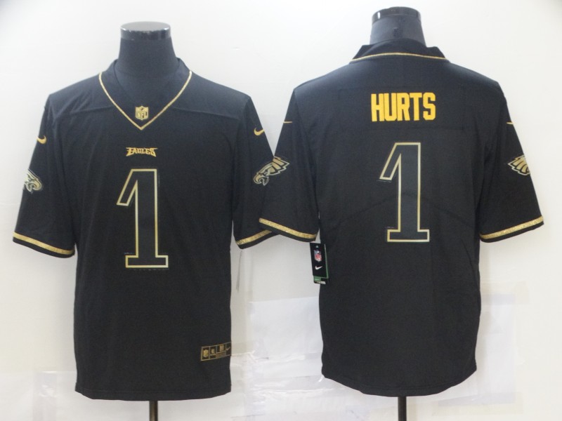 Men's Philadelphia Eagles #1 Hurts Black Golden Edition Limited Jersey