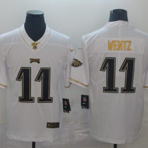 Men's Philadelphia Eagles #11 Carson Wentz White 2019 100th Season Golden Edition Limited Jersey