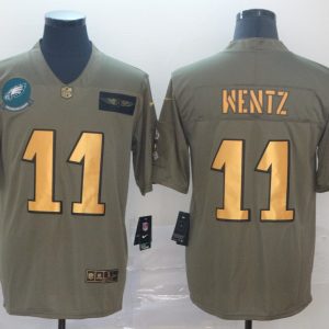 Men's Philadelphia Eagles #11 Carson Wentz 2019 Olive/Gold Salute To Service Limited Jersey