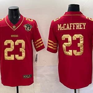 Men's San Francisco 49ers #23 Christian McCaffrey Red/Gold With 75Th Patch Vapor Limited  Jersey