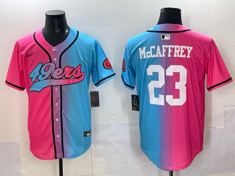 Men's San Francisco 49ers #23 Christian McCaffrey Pink/Blue Limited Stitched Baseball Jersey