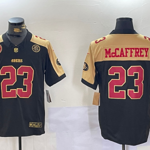 Men's San Francisco 49ers #23 Christian McCaffrey Balck/Gold F.U.S.E. Golden Gate Bridge Patch Limited Jersey