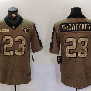 Men's San Francisco 49ers #23 Christian McCaffrey 2021 Olive Camo Salute To Service Limited Jersey
