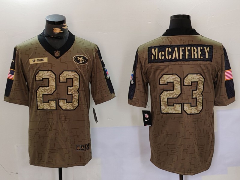 Men's San Francisco 49ers #23 Christian McCaffrey 2021 Olive Camo Salute To Service Limited Jersey