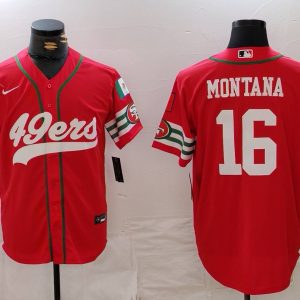Men's San Francisco 49ers #16 Joe Montana Red Stitched Baseball Jersey