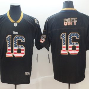 Nike 2018 Los Angeles Rams #16 Jared Goff USA Flag Fashion Black Color Rush Limited Jersey