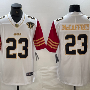 Men's San Francisco 49ers #23 Christian McCaffrey White/Red With 75th Anniversary Patch Jersey