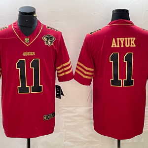 Men's San Francisco 49ers #11 Brandon Aiyuk Red Gold With 75th Anniversary Patch Limited Jersey