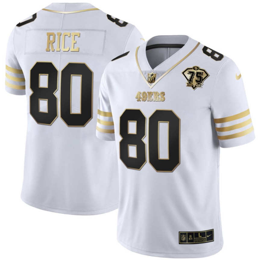 Men's San Francisco 49ers #80 Jerry Rice White With 75th Anniversary Patch Jersey