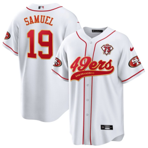 Men's San Francisco 49ers #19 Deebo Samuel White With 75th Anniversary Patch Jersey