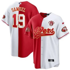 Men's San Francisco 49ers #19 Deebo Samuel Red/White Split With 75th Anniversary Patch Jersey