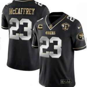 Men's San Francisco 49ers #23 Christian McCaffrey Black/Gold With C Patch & 75th Anniversary Patch Jersey