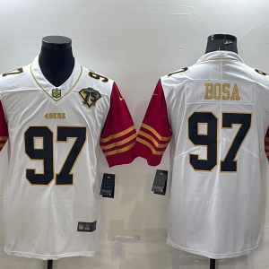 Men's San Francisco 49ers #97 Nick Bosa White Gold With 75th Anniversary Patch Vapor Limited Jersey