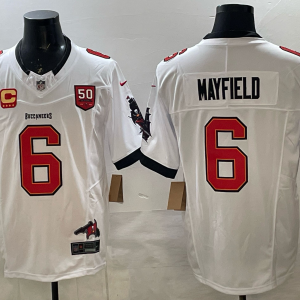 Men's Tampa Bay Buccaneers #6 Baker Mayfield White Alternate F.U.S.E. 50th Season & 4-Star C Jersey
