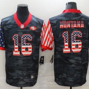Men's San Francisco 49ers #16 Joe Montana 2020 Camo USA Flag Limited Jersey