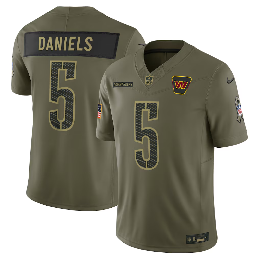 Men's Washington Commanders #5 Jayden Daniels Olive 2025 F.U.S.E. Salute to Service Limited Jersey