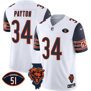 Men's Chicago Bears #34 Walter Payton White F.U.S.E. With Illinois and No. 51 Patch Jersey