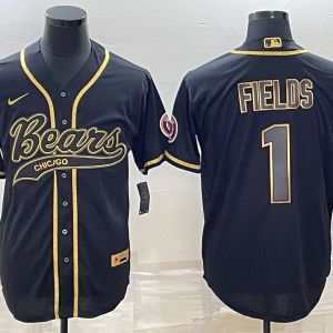 Men's Chicago Bears #1 Justin Fields Black Gold With Patch Stitched Baseball Jersey