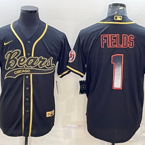 Men's Chicago Bears #1 Justin Fields Black Gold With Patch Cool Base Stitched Basebal Stitched Jersey