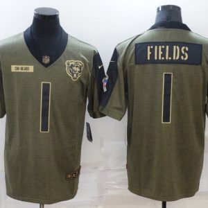 Men's Chicago Bears #1 Justin Fields 2021 Olive Salute To Service Limited Jersey