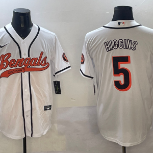 Men's Cincinnati Bengals #5 Tee Higgins White With Patch Cool Base Stitched Baseball Jersey