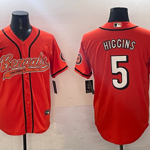Men's Cincinnati Bengals #5 Tee Higgins Orange With Patch Cool Base Stitched Baseball Jersey