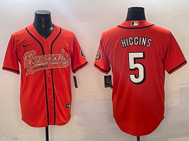 Men's Cincinnati Bengals #5 Tee Higgins Orange With Patch Cool Base Stitched Baseball Jersey