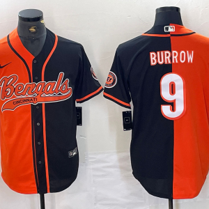 Men's Cincinnati Bengals #9 Joe Burrow Split Baseball Jersey
