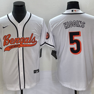 Men's Cincinnati Bengals #5 Tee Higgins White With Patch Cool Base Stitched Baseball Jersey