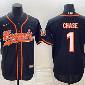 Men's Cincinnati Bengals #1 Ja'Marr Chase Black With Patch Cool Base Stitched Baseball Jersey