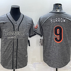 Men's Cincinnati Bengals #9 Joe Burrow Gray With Patch Cool Base Stitched Baseball Jersey