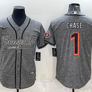 Men's Cincinnati Bengals #1 Ja'Marr Chase Gray With Patch Cool Base Stitched Baseball Jersey