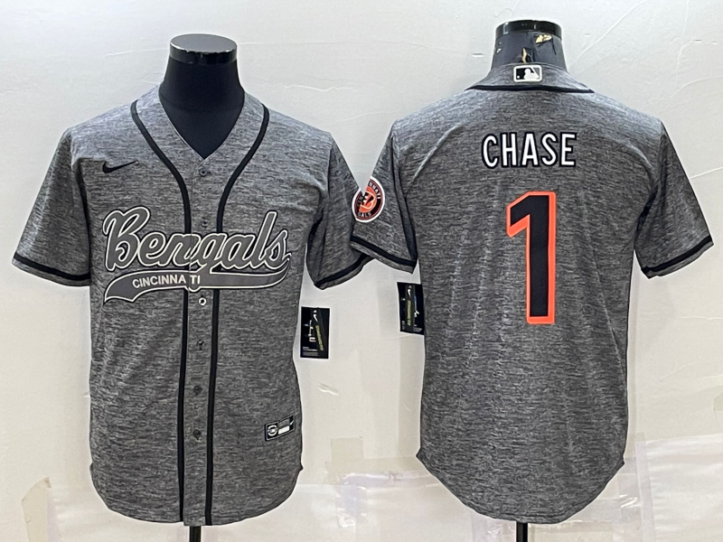 Men's Cincinnati Bengals #1 Ja'Marr Chase Gray With Patch Cool Base Stitched Baseball Jersey