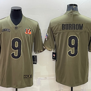 Men's Cincinnati Bengals #9 Joe Burrow 2022 Olive Salute To Service Limited Jersey