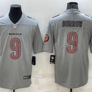 Men's Cincinnati Bengals #9 Joe Burrow Grey Atmosphere With Patch Fashion Limited Jersey