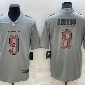 Men's Cincinnati Bengals #9 Joe Burrow Grey Atmosphere With Patch Fashion Limited Jersey