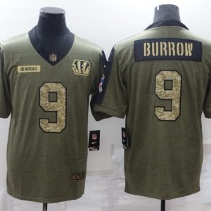 Men's Cincinnati Bengals #9 Joe Burrow 2021 Olive Camo Salute To Service Limited Jersey