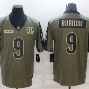Men's Cincinnati Bengals #9 Joe Burrow 2021 Olive Salute To Service Limited Jersey