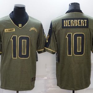 Men's Los Angeles Chargers #10 Justin Herbert 2021 Olive Salute To Service Golden Limited Jersey