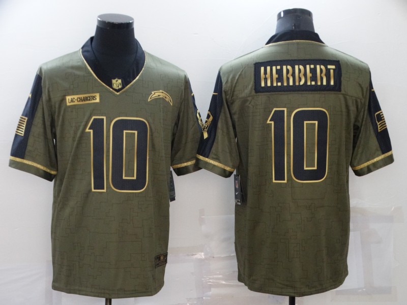 Men's Los Angeles Chargers #10 Justin Herbert 2021 Olive Salute To Service Golden Limited Jersey