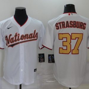 MLB Washington Nationals #37 Strasburg White With Gold Game Nike Jersey