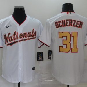 MLB Washington Nationals #31 Scherzer White With Gold Game Nike Jersey