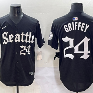 Men's MLB Seattle Mariners #24 Ken Griffey Black Gothic Style With Fernando Jersey