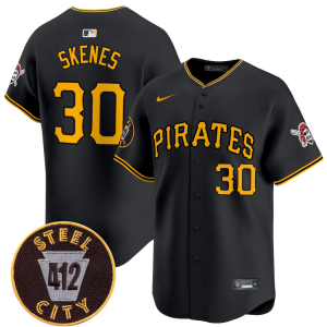 Men's Pittsburgh Pirates #30 Paul Skenes Black With 412 Patch Game Jersey
