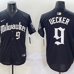 Men's Milwaukee Brewers #9 Bob Uecker Black Gothic Style With Fernando Jersey