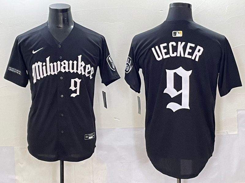 Men's Milwaukee Brewers #9 Bob Uecker Black Gothic Style With Fernando Jersey