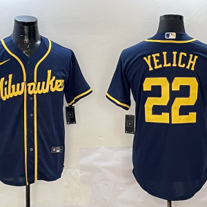 MLB Milwaukee Brewers #22 Christian Yelich Navy With Home Patch Limited Jersey